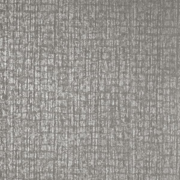 Gray woven wallcovering with subtle vertical stripes and a matte linen-like texture.