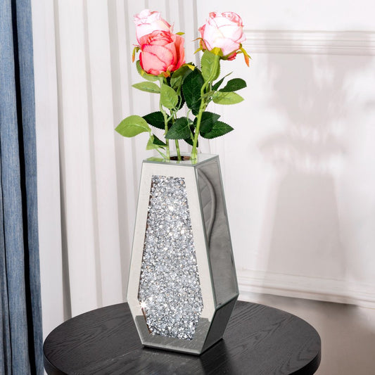 12" Silver Faux Crystal And Mirrored Glass Table Vase