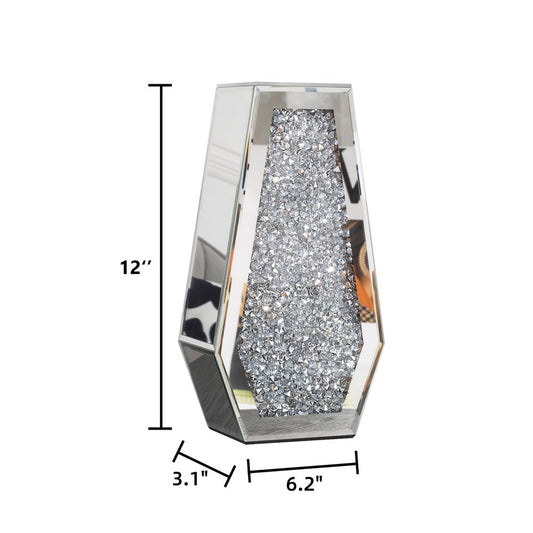 12" Silver Faux Crystal And Mirrored Glass Table Vase