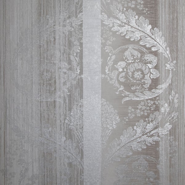 Silver-grey damask floral wallpaper with vertical subtle stripes for an elegant vintage look.