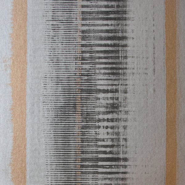 Light gray wallcovering with gold-beige vertical stripes and a central black linear pattern; modern abstract design.