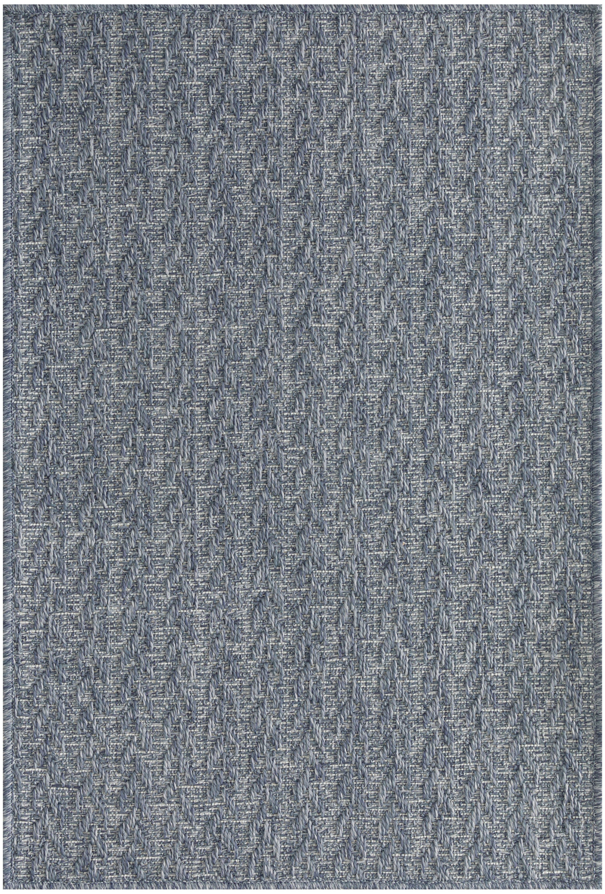 Blue-gray textured woven area rug with a subtle chevron-like pattern and flecked surface; versatile for living rooms.