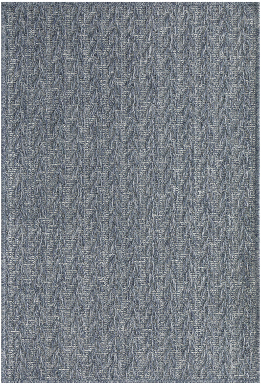 Blue-gray textured woven area rug with a subtle chevron-like pattern and flecked surface; versatile for living rooms.