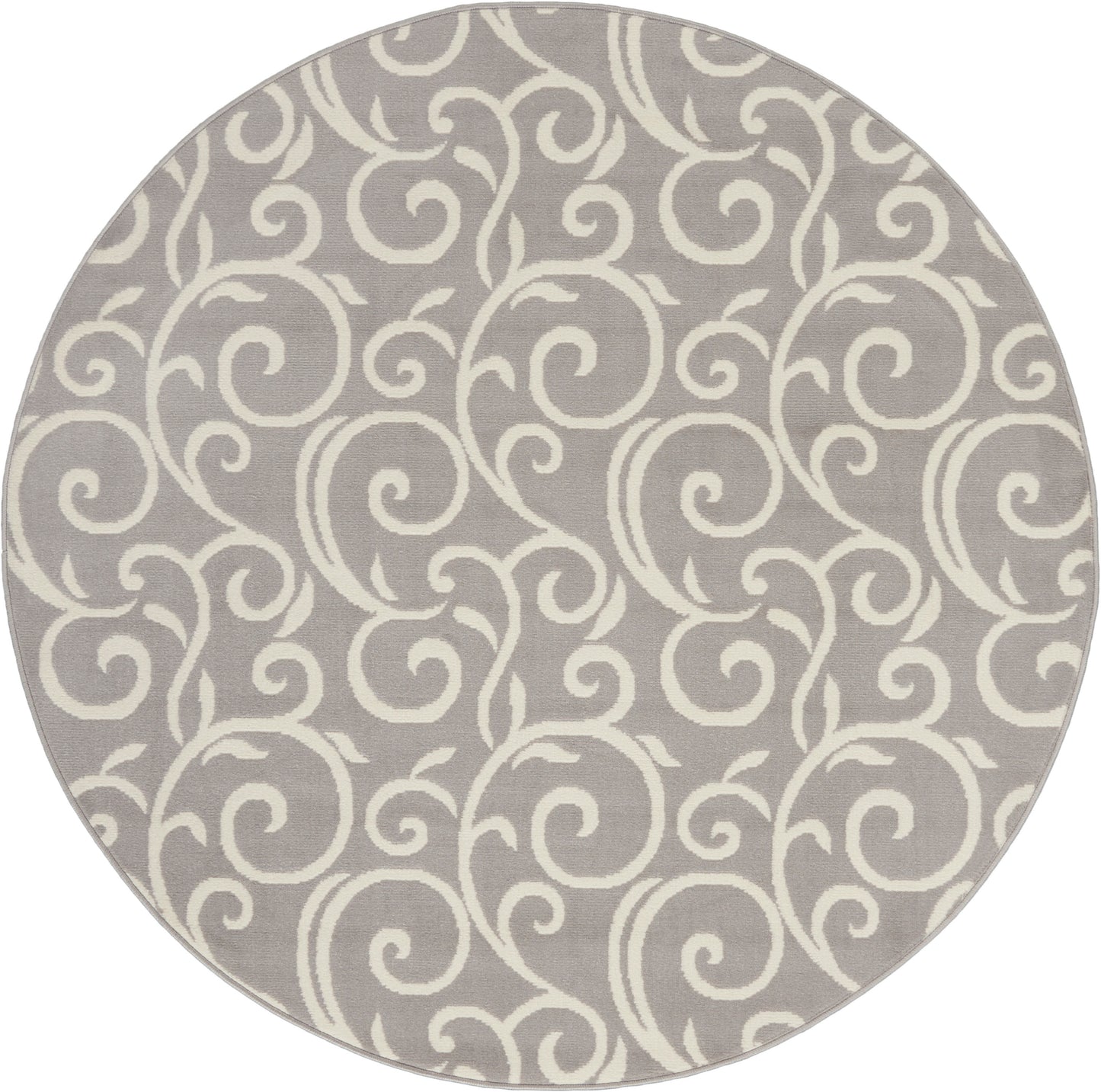 Round gray rug with ivory scroll pattern; woven textile, decorative living room floor accent; 5 ft diameter.
