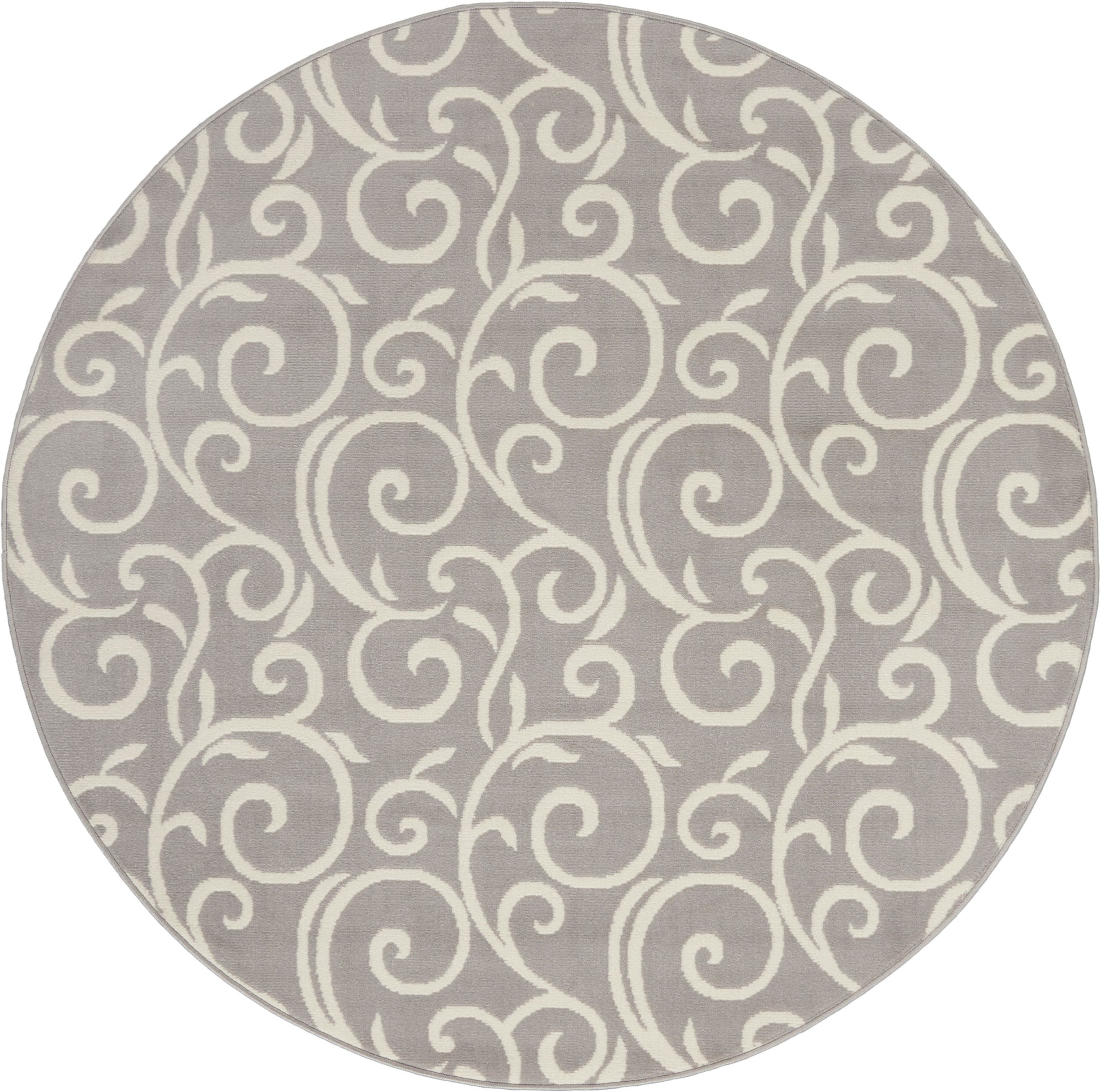 Round gray rug with ivory scroll pattern; woven textile, decorative living room floor accent; 5 ft diameter.