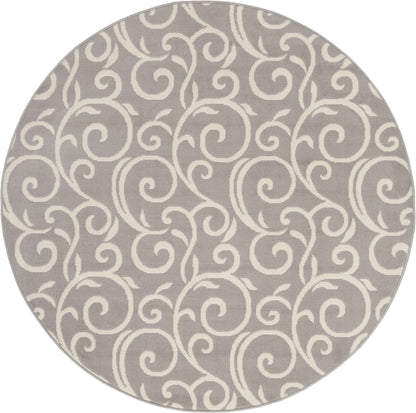 Round gray rug with ivory scroll pattern; woven textile, decorative living room floor accent; 5 ft diameter.
