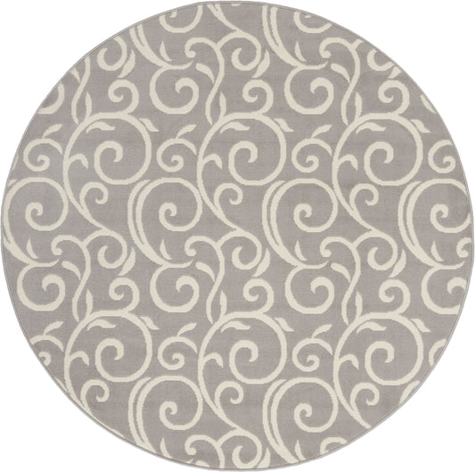 Round gray rug with ivory scroll pattern; woven textile, decorative living room floor accent; 5 ft diameter.