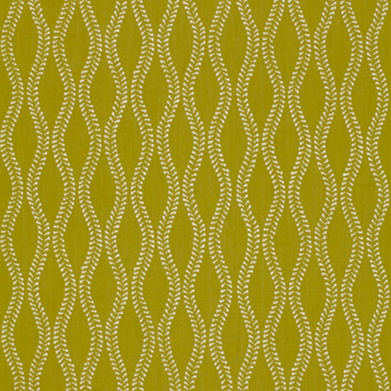 Mustard yellow fabric with white braided rope motif forming vertical diamonds; retro geometric pattern.