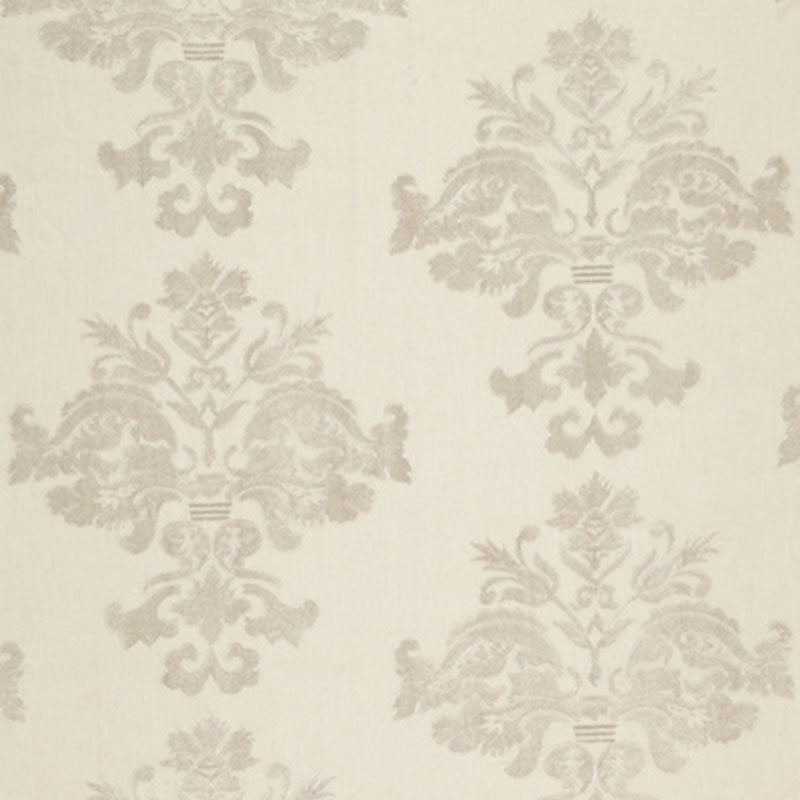 Beige damask pattern wallpaper with ornate floral motifs on ivory background; classic, elegant repeat design.