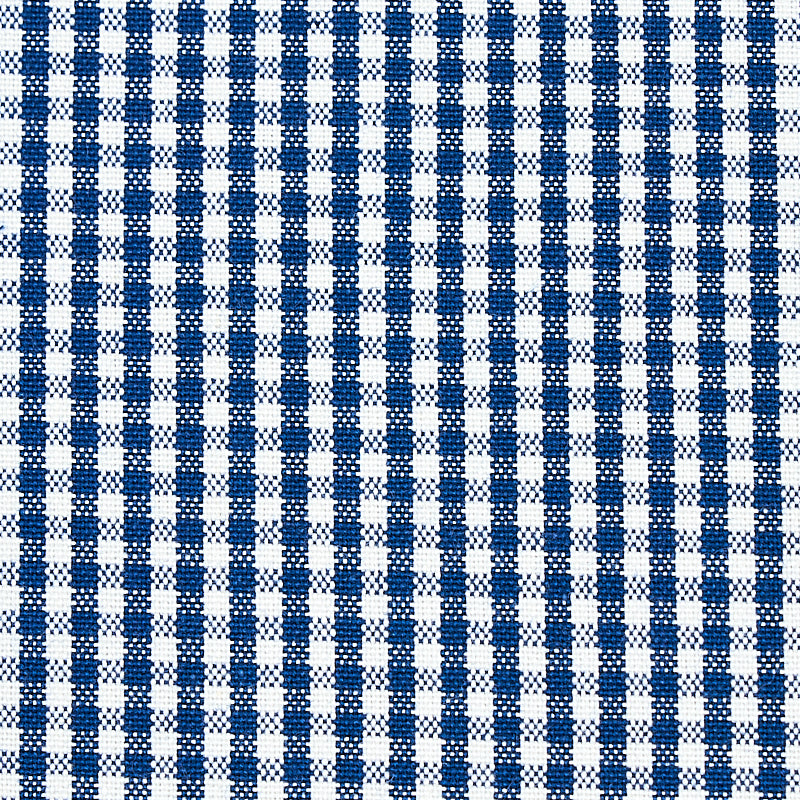 Close-up of navy & white gingham check fabric, woven cotton, small uniform squares, ideal for shirts or table linens.