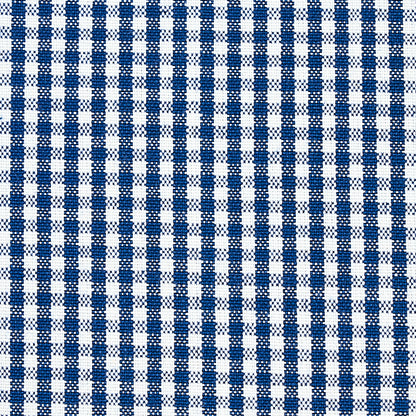 Close-up of navy & white gingham check fabric, woven cotton, small uniform squares, ideal for shirts or table linens.