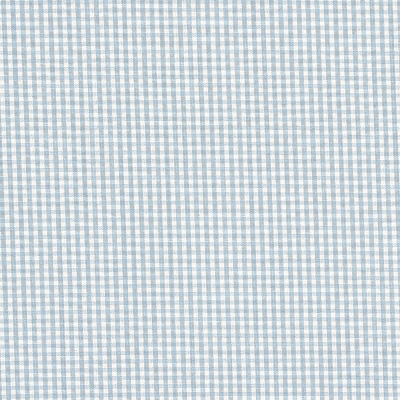 Light blue and white gingham fabric close-up with small check pattern, woven cotton look, suitable for shirts.