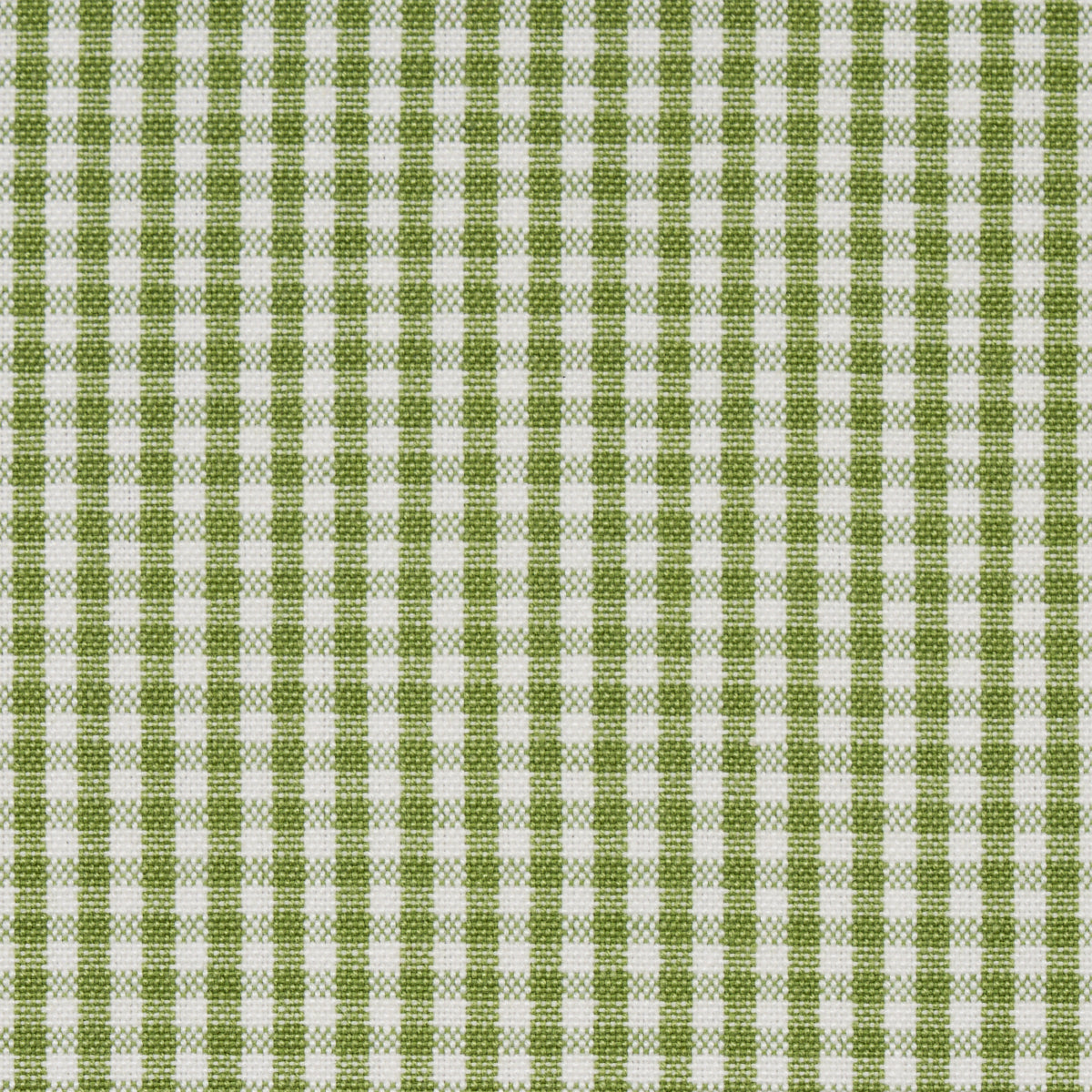 Green and white gingham check cotton fabric with woven texture, ideal for table linens or shirts.