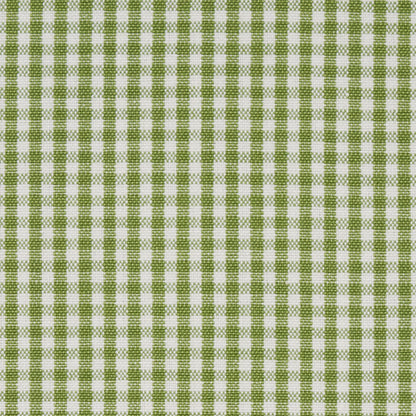 Green and white gingham check cotton fabric with woven texture, ideal for table linens or shirts.