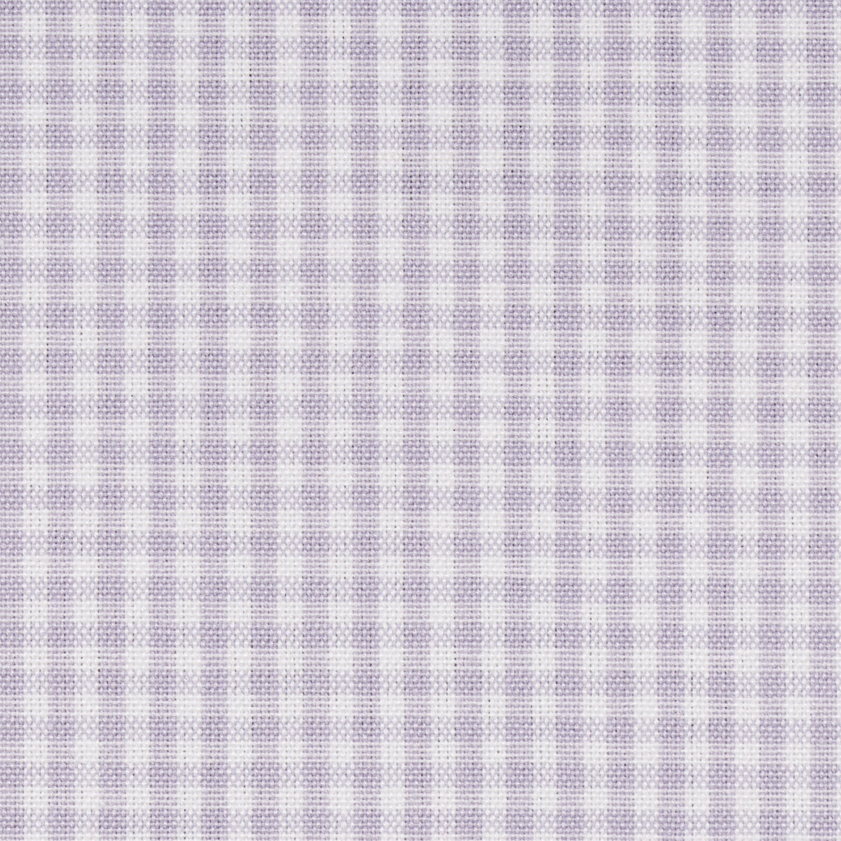 Lavender & white gingham fabric close-up, woven cotton with small checks.