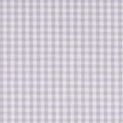 Lavender & white gingham fabric close-up, woven cotton with small checks.