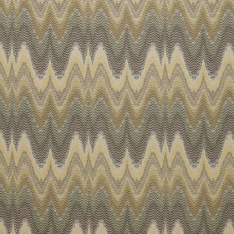 Earth-tone chevron wave pattern fabric in beige, taupe, gray with subtle gold sheen.