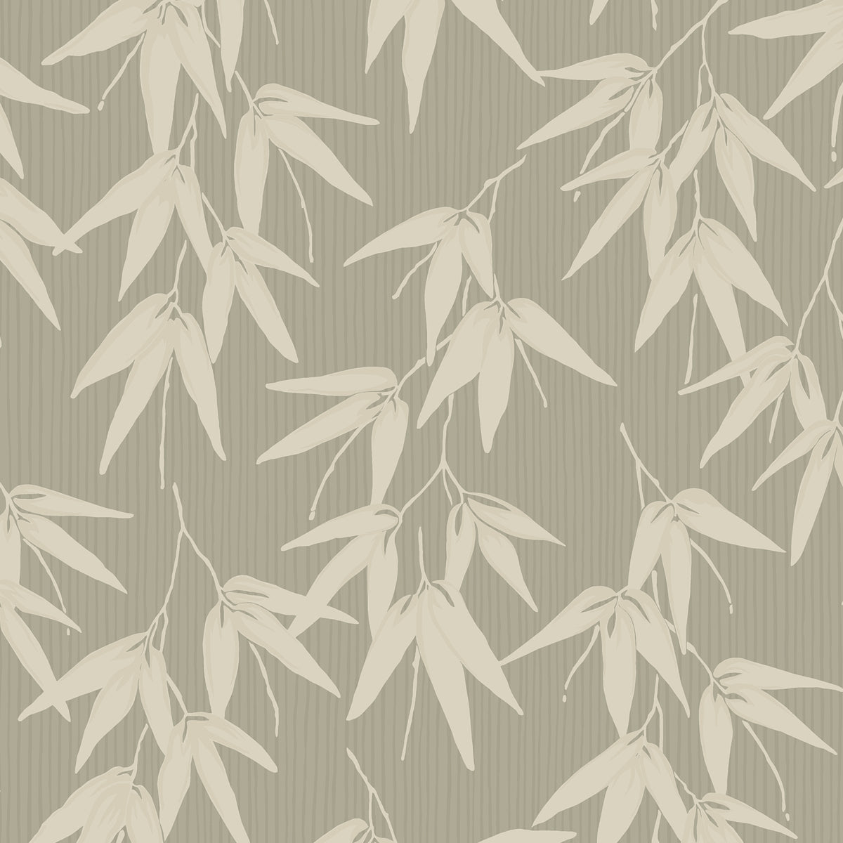 Muted olive wallpaper with cream bamboo leaves and subtle vertical stripes, botanical decor.
