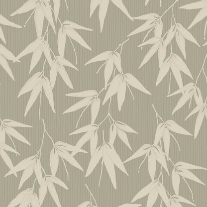 Muted olive wallpaper with cream bamboo leaves and subtle vertical stripes, botanical decor.