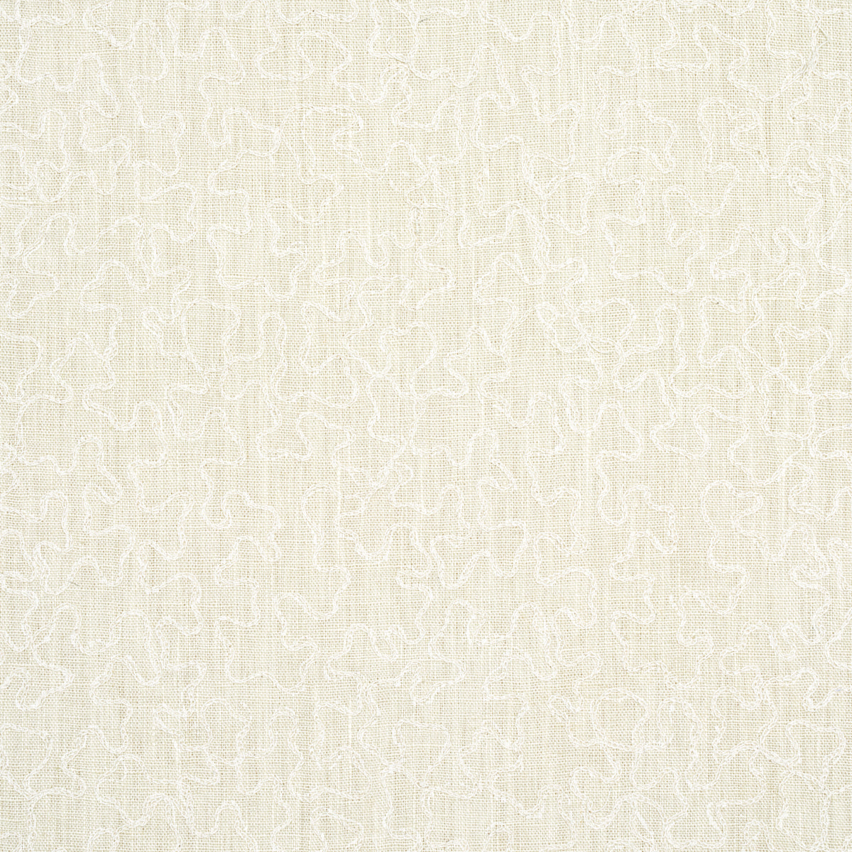 Cream linen-like fabric swatch with vermicelli embroidery pattern; suitable for upholstery or drapery.