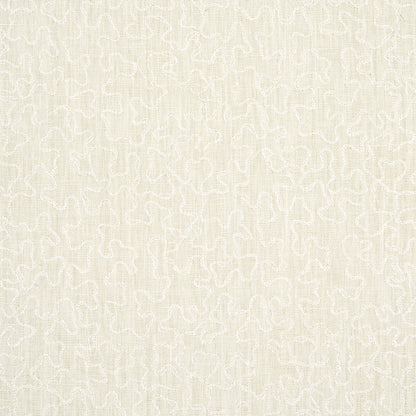 Cream linen-like fabric swatch with vermicelli embroidery pattern; suitable for upholstery or drapery.