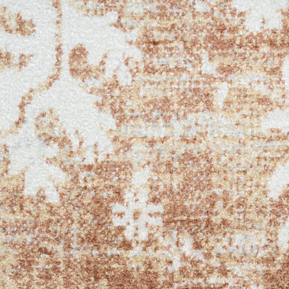Cream and copper-brown distressed vintage rug with floral motif, soft woven pile, rectangular, for living room decor.