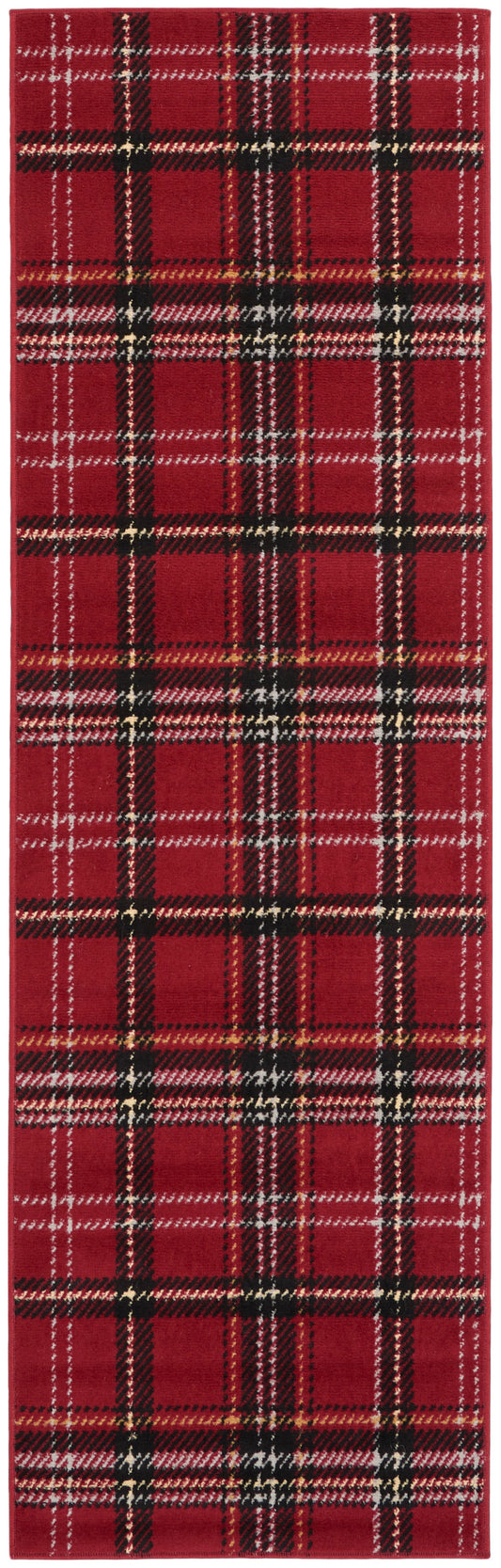 Rectangular red tartan plaid rug runner with black, white and gold stripes.