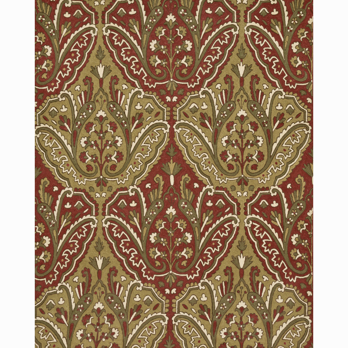 Paisley damask pattern in red, olive, beige with ivory outlines; ornate textile for rug or upholstery.