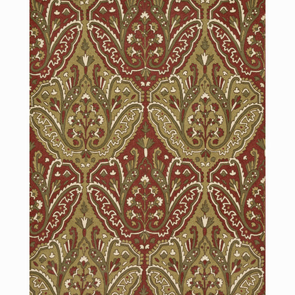 Paisley damask pattern in red, olive, beige with ivory outlines; ornate textile for rug or upholstery.