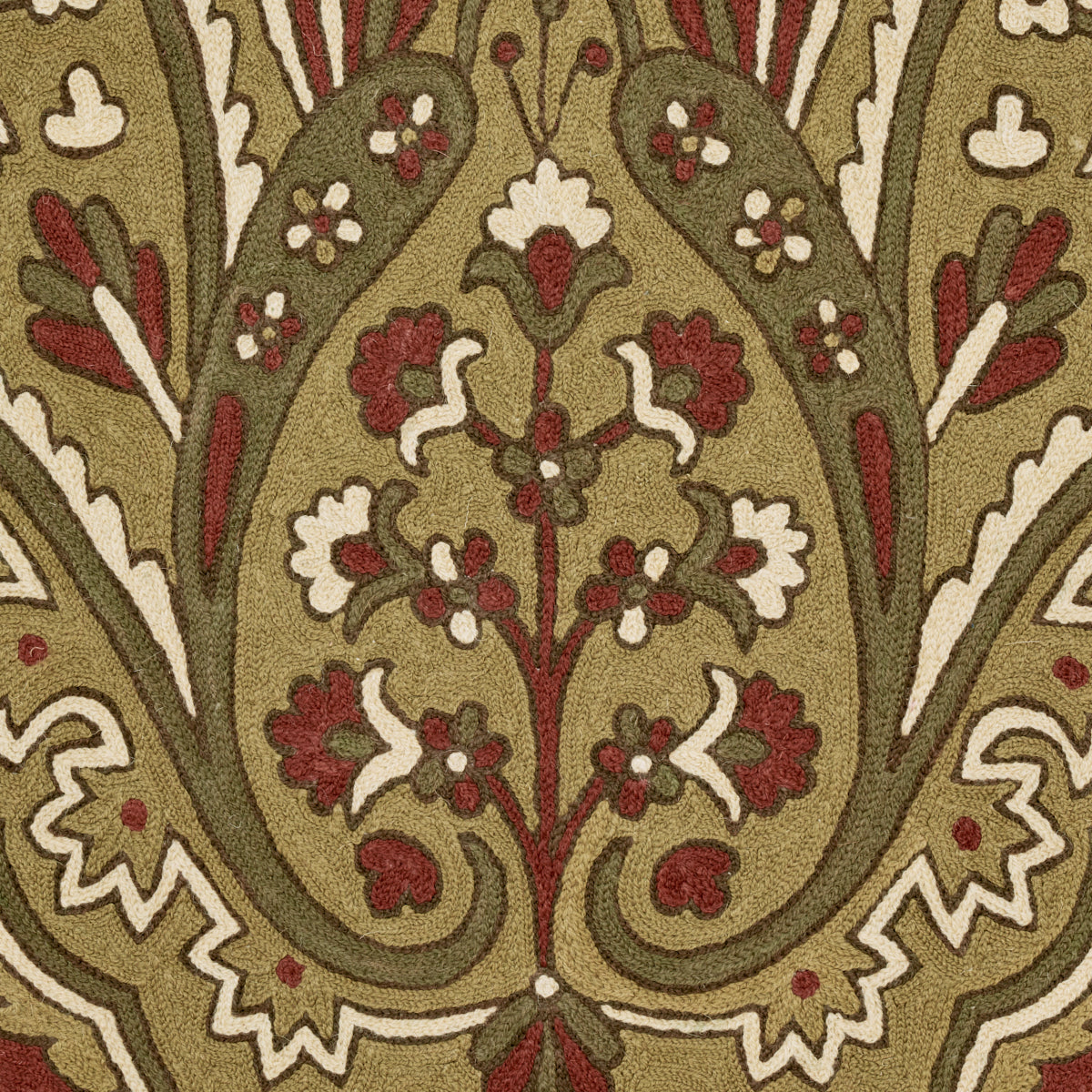 Olive-green damask paisley fabric with red and cream floral motifs and dark-green accents.