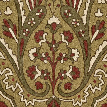 Olive-green damask paisley fabric with red and cream floral motifs and dark-green accents.