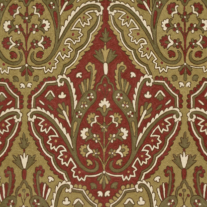 Paisley-inspired damask textile with ornate red, olive green and cream floral foliage pattern.