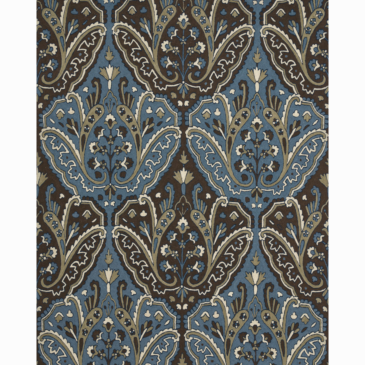 Ornate crewel-embroidered woven fabric in indigo with scrolling floral motifs.