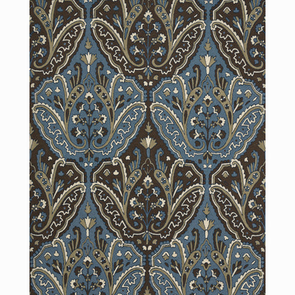 Ornate crewel-embroidered woven fabric in indigo with scrolling floral motifs.