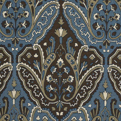 Intricate damask floral pattern in blue, brown and ivory; ornate textile/wallpaper motif with scrolling leaves and blossoms.