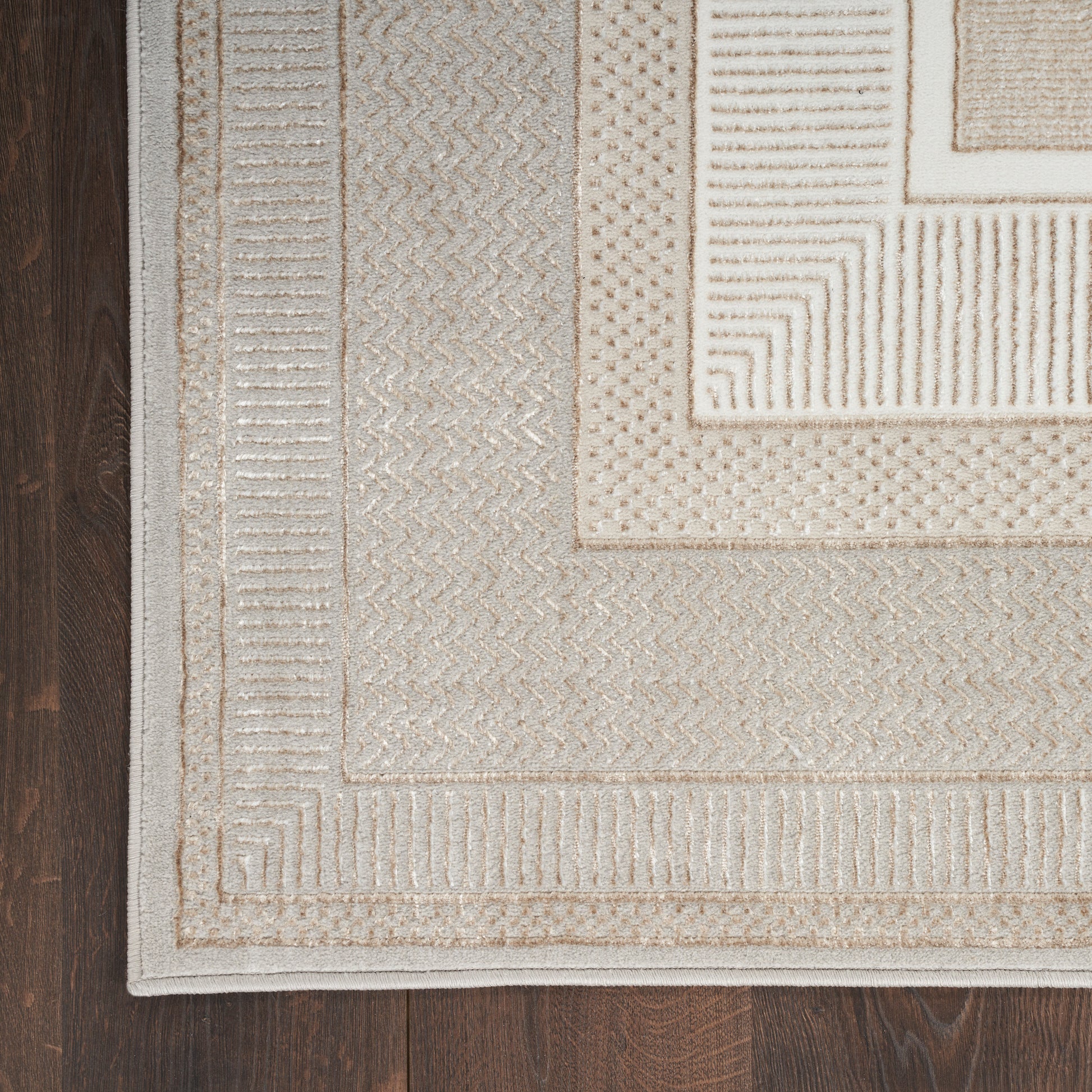 Beige textured runner rug with multiple framed borders and woven patterns on dark hardwood floor.