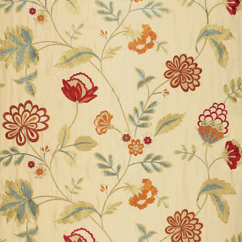 Beige floral wallpaper pattern with red, orange and blue flowers and green leaves.