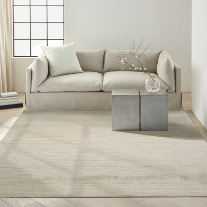 Beige rug in a minimalist living room with concrete cube side tables and a vase with branches.