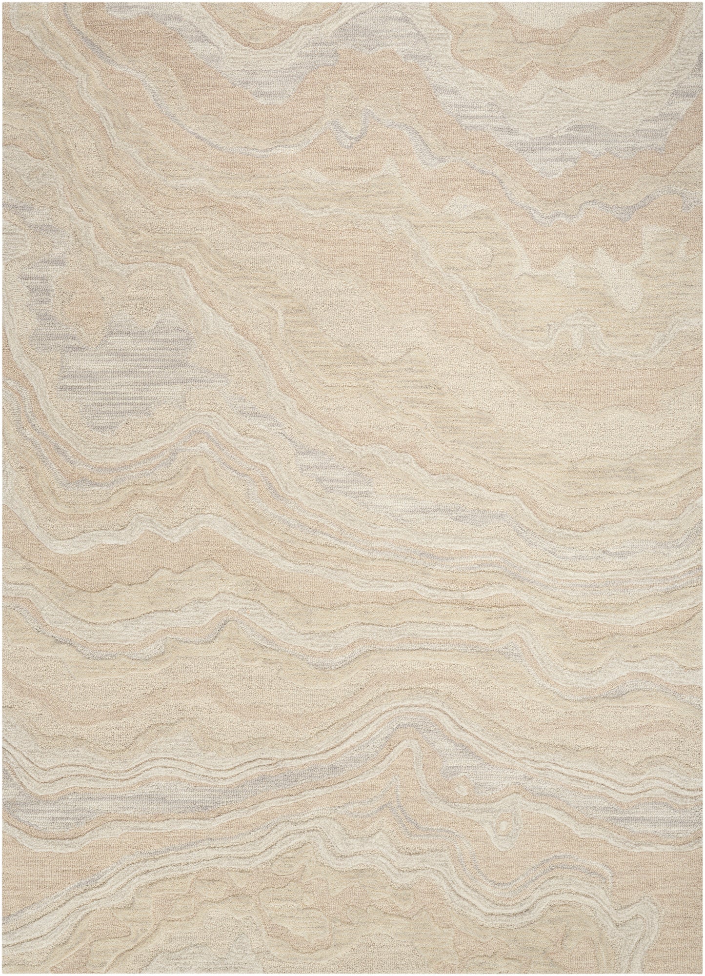 Beige and cream marbled rug with subtle light gray swirls in a flowing, organic pattern.