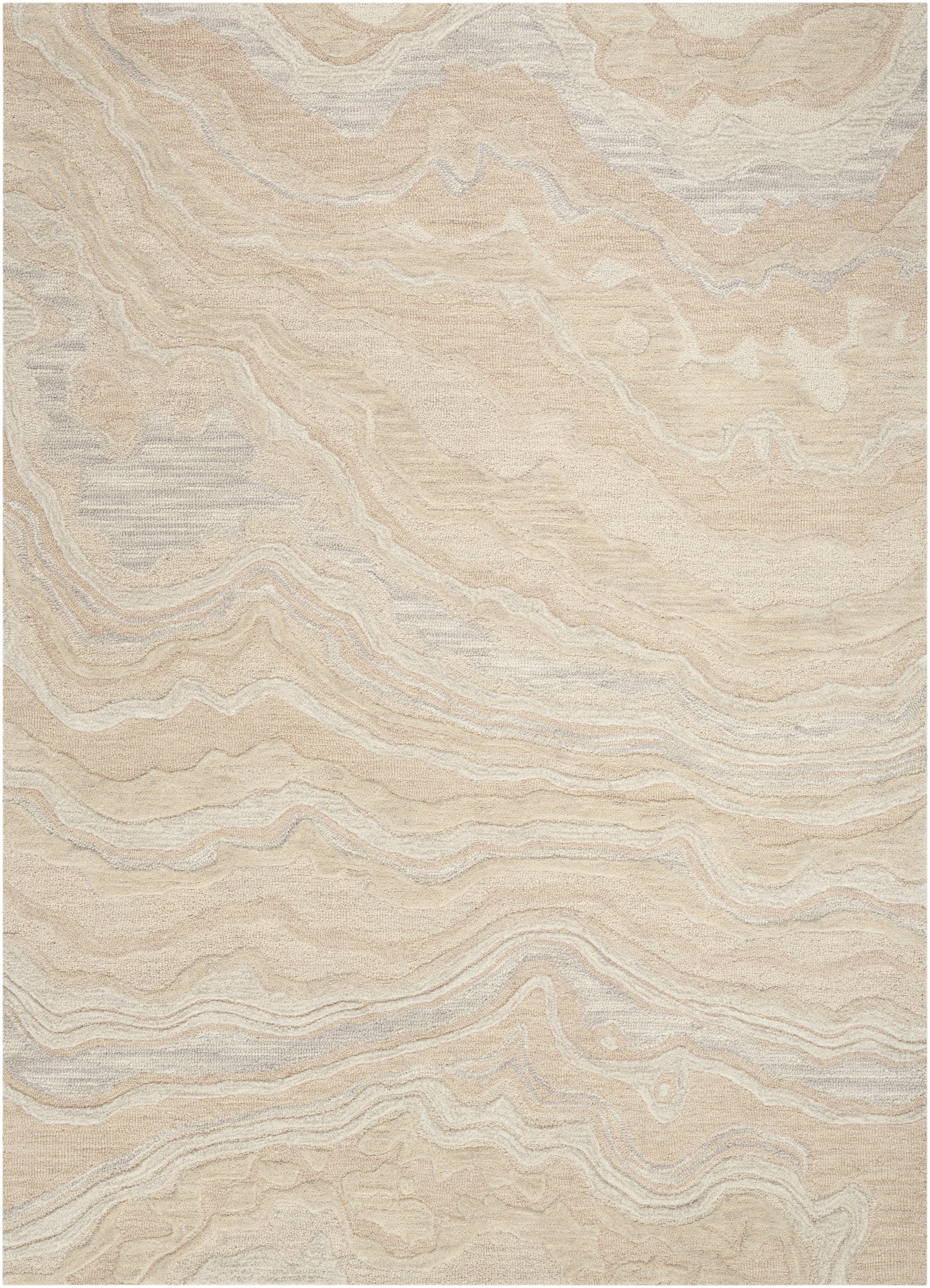 Beige and cream marbled rug with subtle light gray swirls in a flowing, organic pattern.