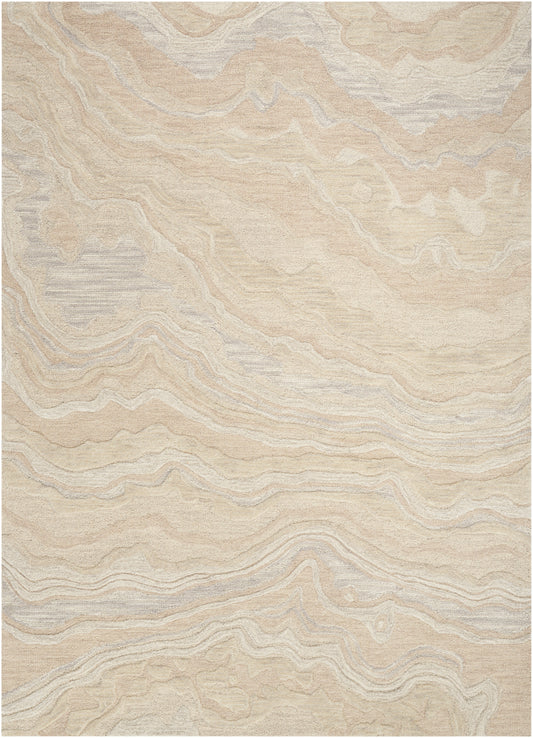 Beige and cream marbled rug with subtle light gray swirls in a flowing, organic pattern.