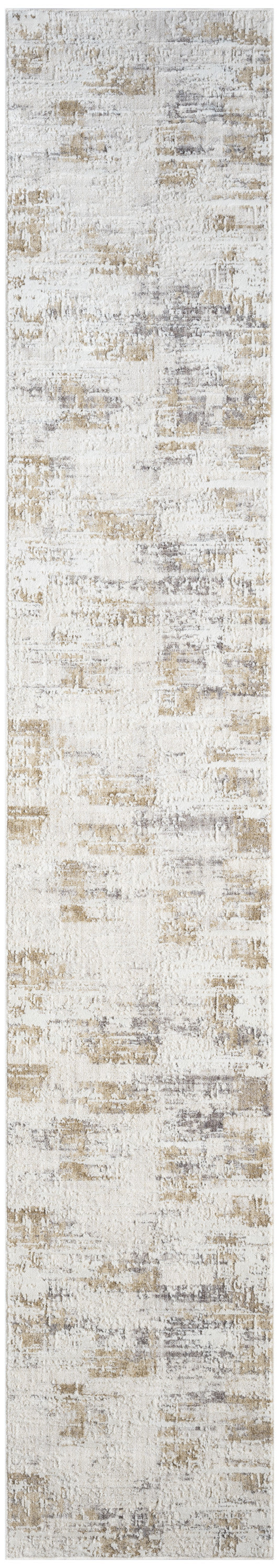 Neutral abstract-patterned runner rug in cream, beige and gray; long rectangular hallway rug with a distressed look.