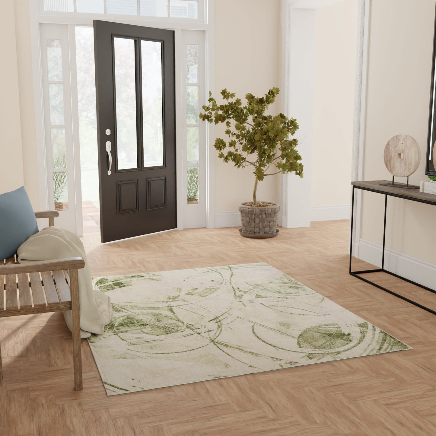 Entryway with black front door, light walls, a pale green leaf-patterned rug, wooden bench, potted tree, and console table.