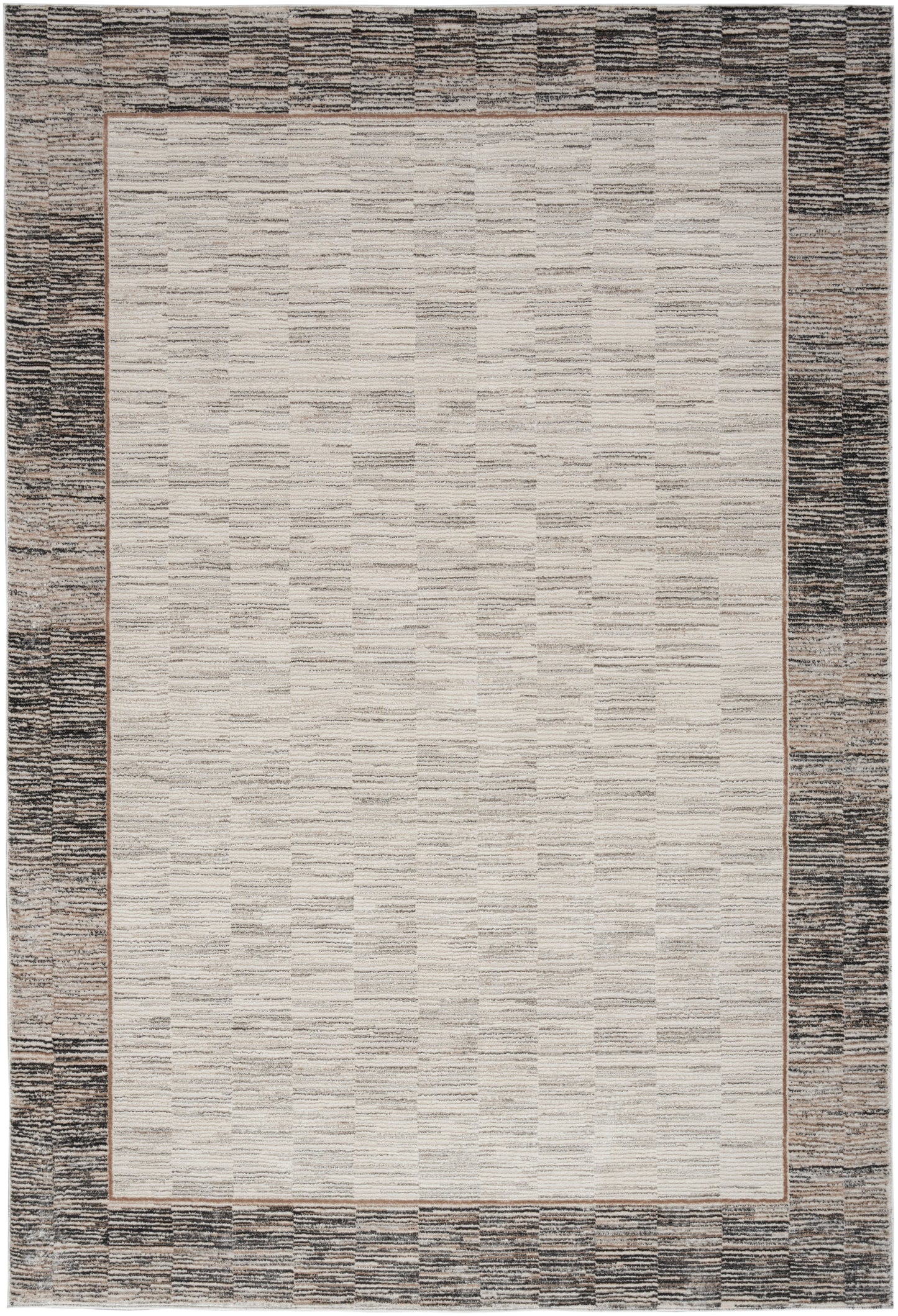 Rectangular area rug with beige center, slim copper-brown inner border, and textured dark grey outer border; modern décor.