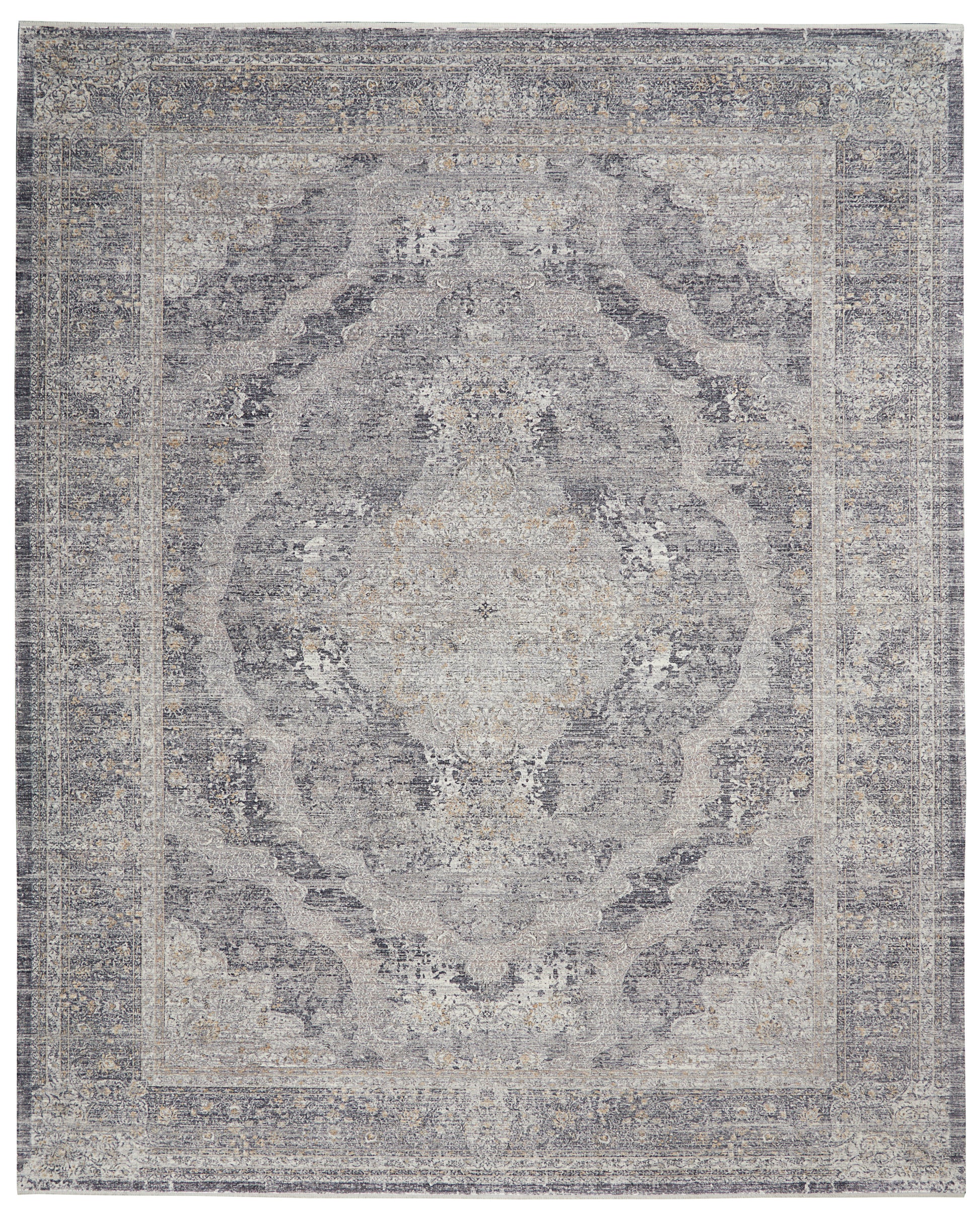 Muted gray-blue oriental rug with central medallion and scrolling border in vintage distressed style.
