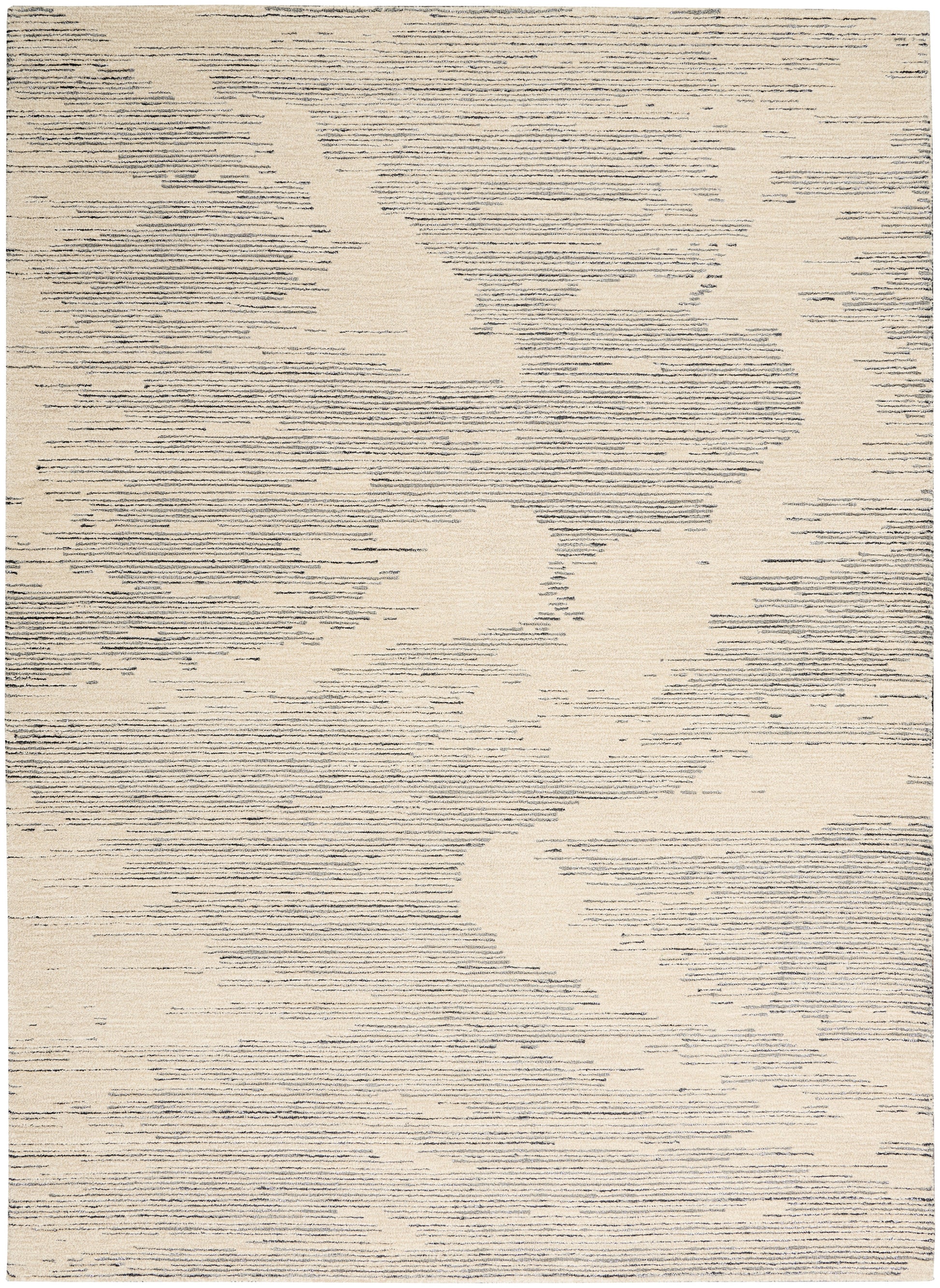 Beige abstract rug with dark blue-gray horizontal lines forming soft wave patterns; modern flat-weave texture.