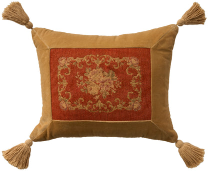 Rectangular gold velvet throw pillow with red damask center panel and gold tassels at all four corners.