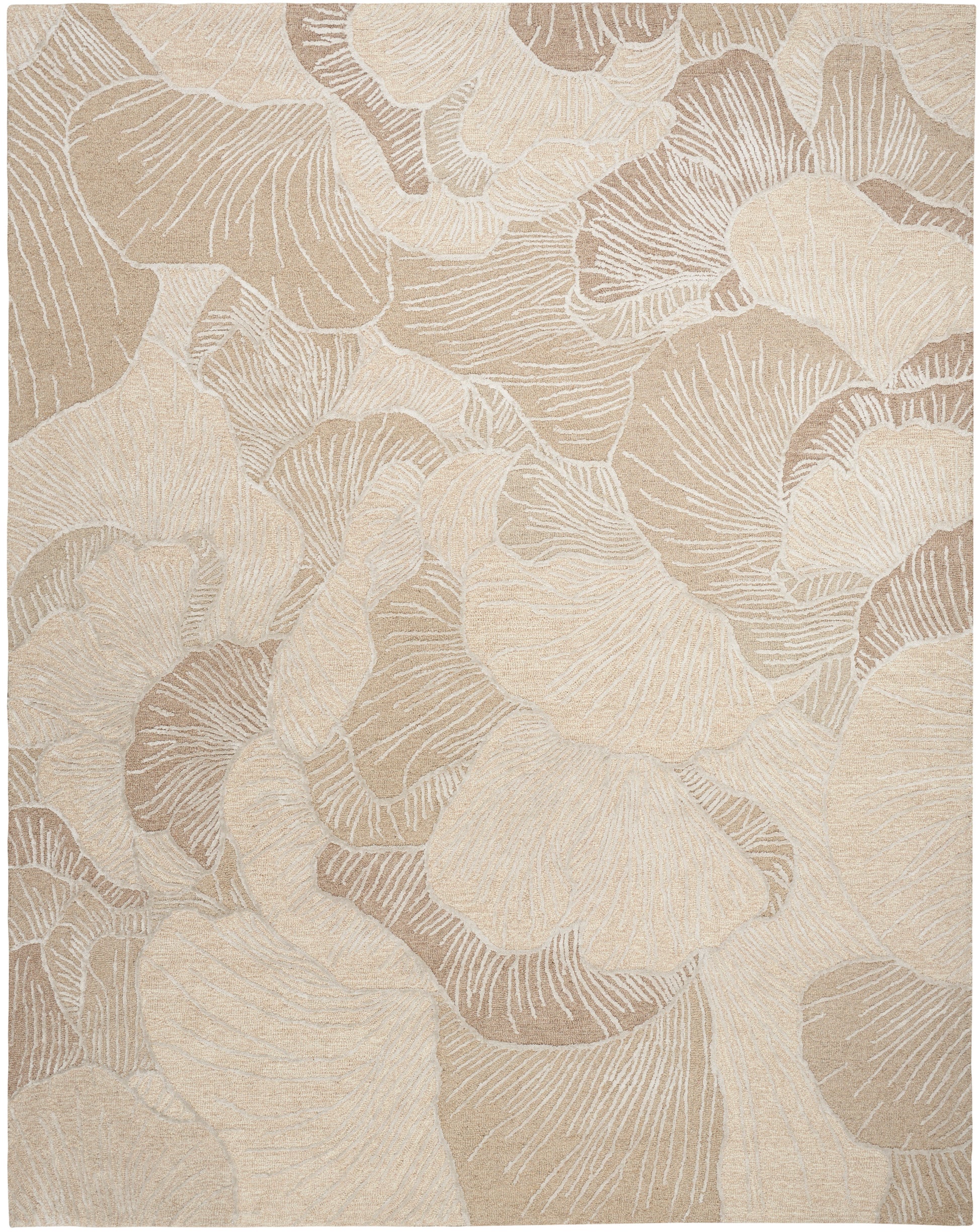Beige woven rug with abstract cream and taupe floral pattern; neutral damask-inspired style.