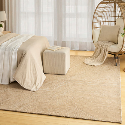 Neutral beige bedroom featuring linen bedding, woven jute rug, square knitted ottoman with an open book, and a wicker hanging chair.