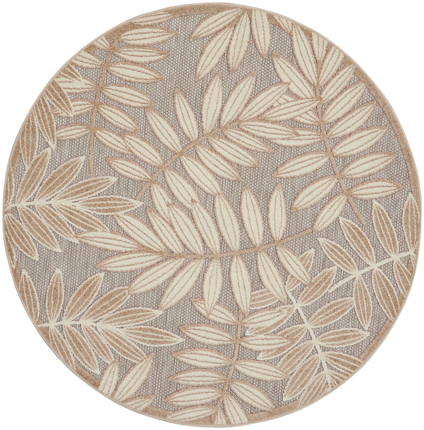 Round rug with taupe background and cream leaf pattern, textured linen-like surface.